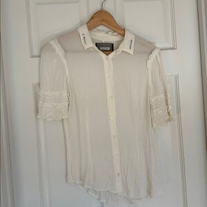 Reformation Cream Sheer Button-Up Blouse Embroidered